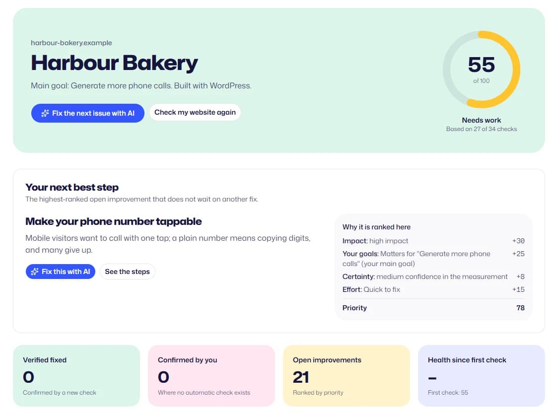 The business overview: a health score of 55 out of 100, the next best step and why it is ranked there
